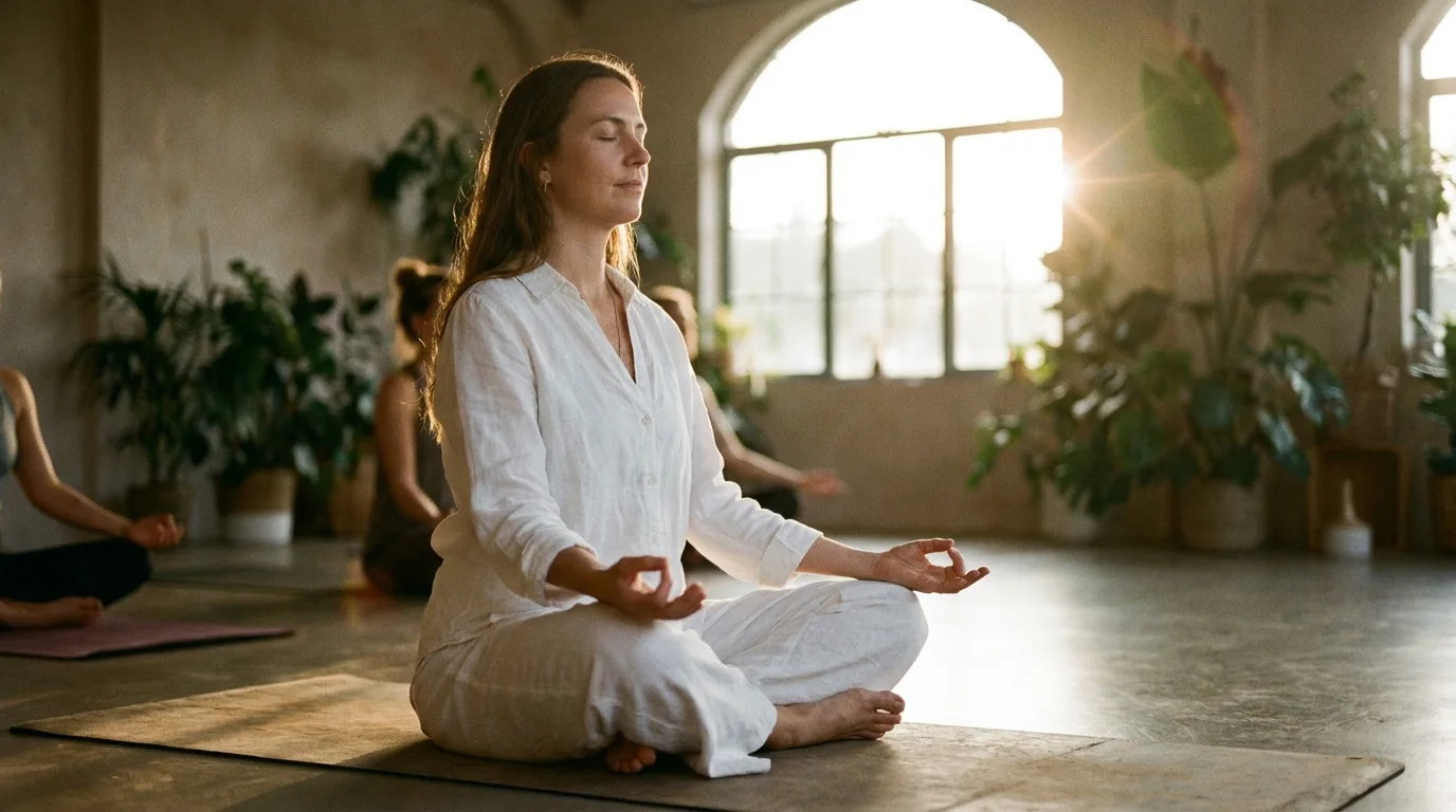 Kobieta siedzi w pozycji lotosu podczas sesji kundalini jogi, białe ubranie, świece w tle