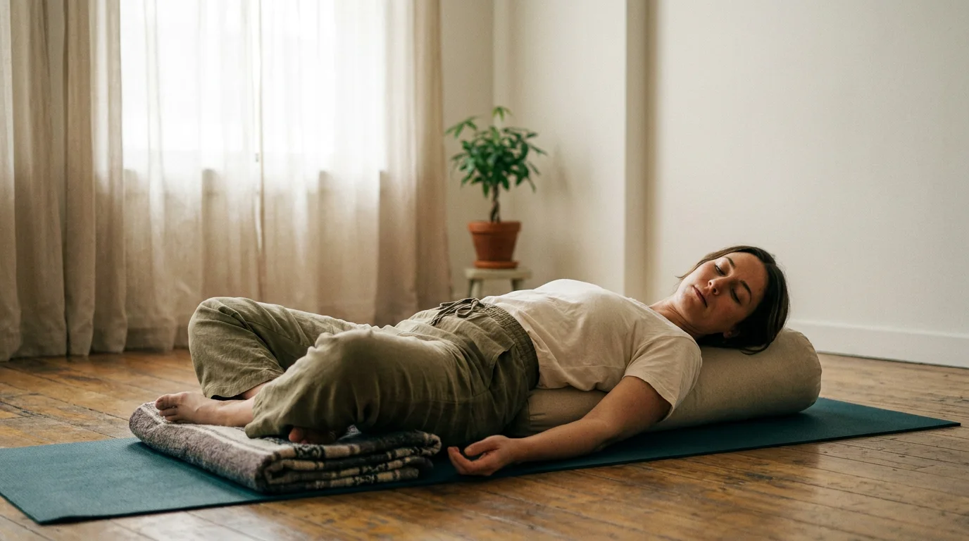 Kobieta w pozycji Supta Baddha Konasana z bolsterem pod plecami, swiatlo wieczorne