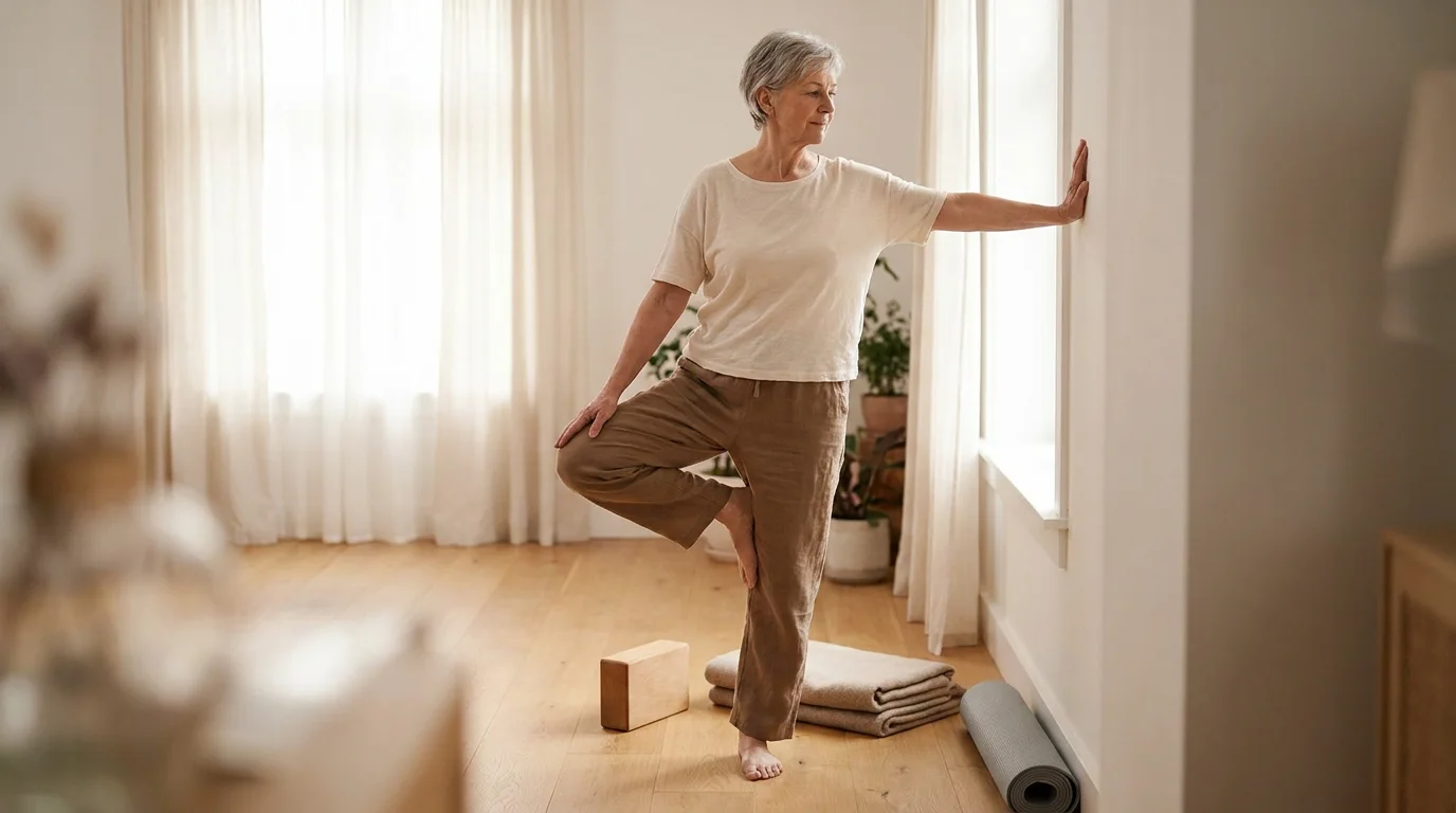 Seniorka na macie w pozycji kota-krowy, klocek jogi obok maty