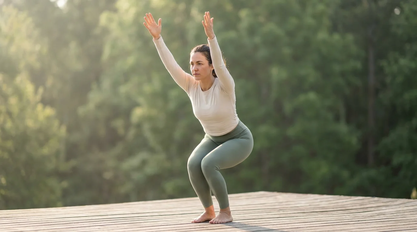 Kobieta w pozycji krzesła Utkatasana na macie do jogi, kolana ugięte, ramiona uniesione
